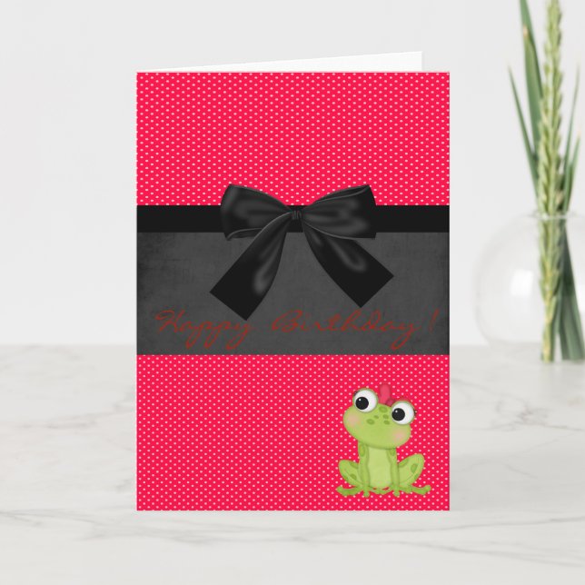 Niedlicher Girly Frog auf Red Polka Docks, Geburts Karte (Vorderseite)