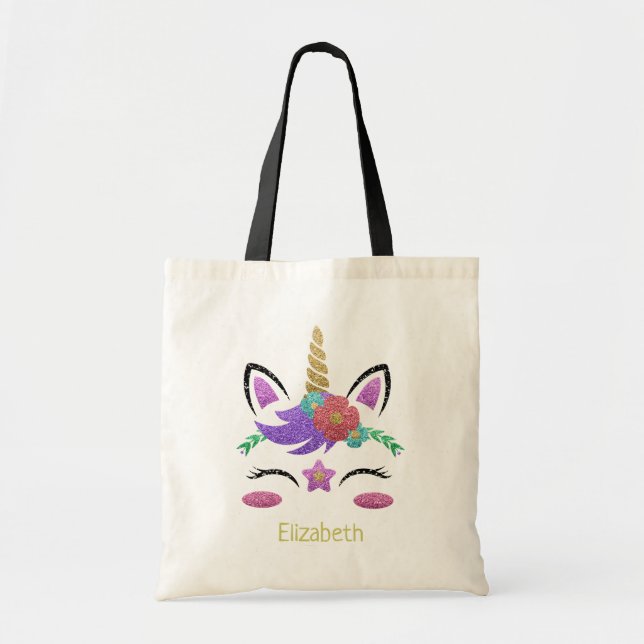 Niedlicher Girly Glitzer-GoldrosaUnicorn Tragetasche (Vorne)