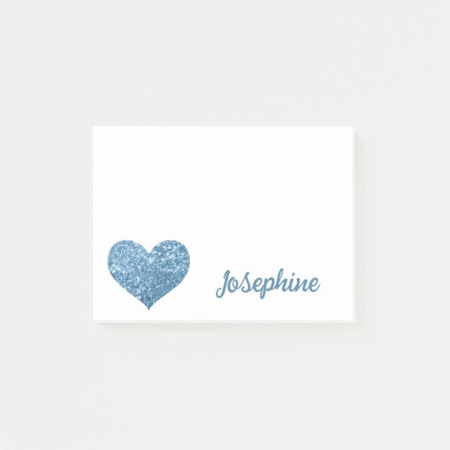 Niedlicher Glitzer Blue Heart Personalisiert Mädch Post-it Klebezettel (Vorderseite)