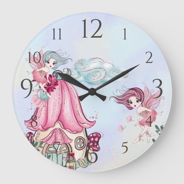 Niedlicher Glitzer Fairy Garden Pixie Fairies Große Wanduhr (Vorderseite)