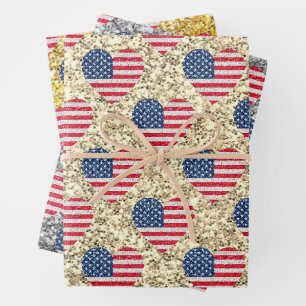 Niedlicher Glitzer Hearts Patriotic American USA F Geschenkpapier Set