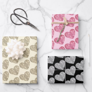 Niedlicher Glitzer Herz rosa Schwarz Beige Geschenkpapier Set
