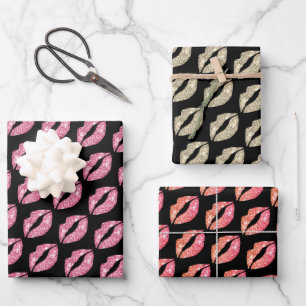 Niedlicher Glitzer Küssen auf Schwarz Geschenkpapier Set