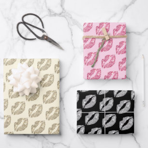 Niedlicher Glitzer Lippen Kiss Pink Beige Schwarz Geschenkpapier Set
