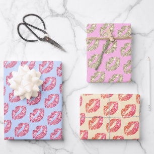 Niedlicher Glitzer Lips Kiss Pink Blue Beige Geschenkpapier Set