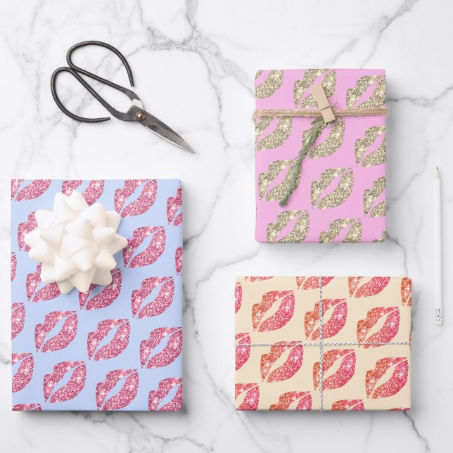 Niedlicher Glitzer Lips Kiss Pink Blue Beige Geschenkpapier Set (Vorderseite)