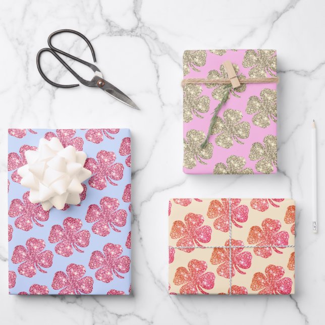 Niedlicher Glitzer Lucky Clover Pink Blue Beige Geschenkpapier Set (Vorderseite)