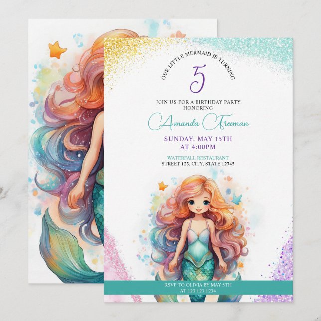 Niedlicher Glitzer Mermaid 5. Geburtstag Einladung (Vorne/Hinten)