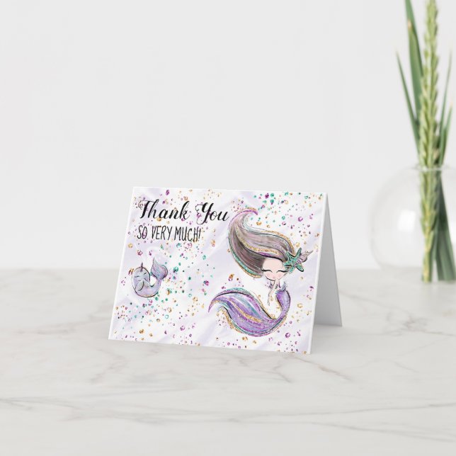 *~* Niedlicher Glitzer Mermaid Kinderdusche Vielen Dankeskarte (Vorderseite)