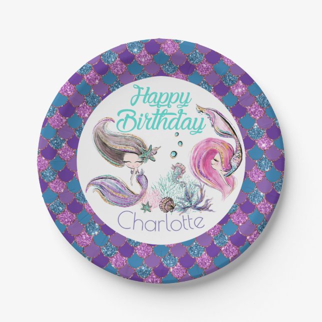 Niedlicher Glitzer Mermaids mit Individuelle Name Pappteller (Vorderseite)