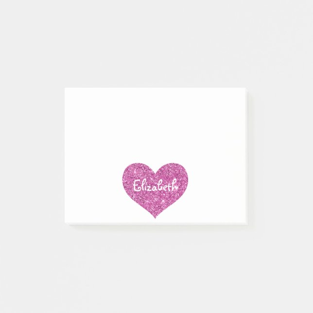 Niedlicher Glitzer Rosa Herz Personalisiert Mädche Post-it Klebezettel (Vorderseite)