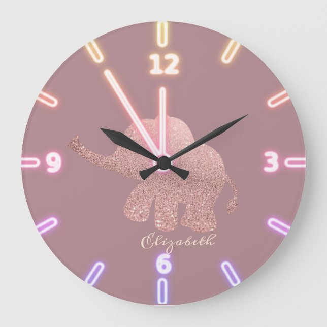 Niedlicher Glitzer Rose Gold Elefant - Personalisi Große Wanduhr (Vorderseite)