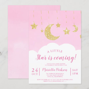 Niedlicher Glitzer-Stern-Mond-Wolke Rosa-Babydusch Einladung