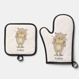Niedlicher, glücklicher Hamster mit Erdnuss-Cartoo Ofenhandschuh & Topflappen-Set