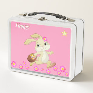 Niedlicher glücklicher Hase, Blumen und Stern auf  Metall Brotdose
