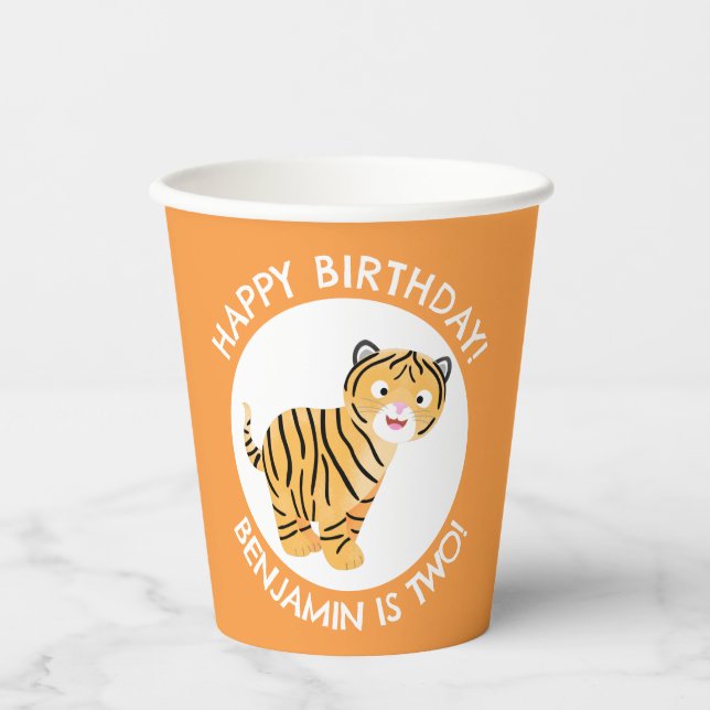 Niedlicher glücklicher Tigerbecher personalisierte Pappbecher (Vorderseite)
