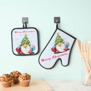 Niedlicher Gnom mit Weihnachtsbaumhut und Geschenk Ofenhandschuh & Topflappen-Set