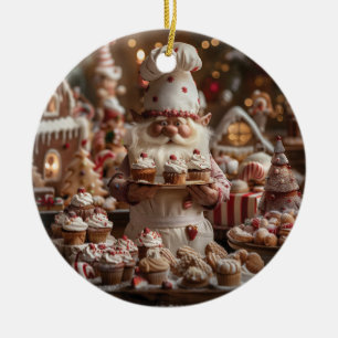 Niedlicher Gnome-Bäcker, umgeben von Kuchen und Le Keramik Ornament