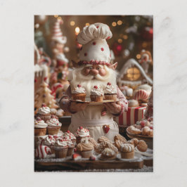Niedlicher Gnome-Bäcker, umgeben von Kuchen und Le Postkarte