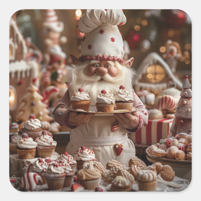 Niedlicher Gnome-Bäcker, umgeben von Kuchen und Le Quadratischer Aufkleber (Vorderseite)
