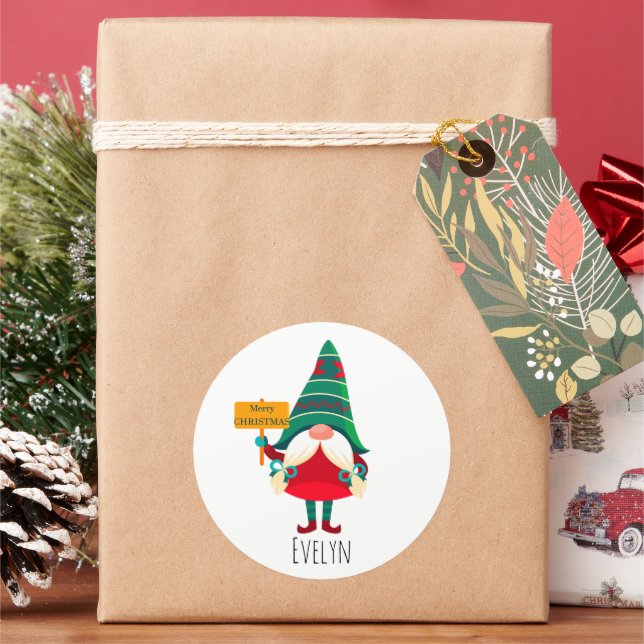 Niedlicher Gnome Holding Platard mit Grüßen Runder Aufkleber (Feiertag)