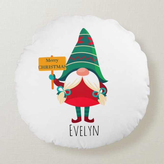 Niedlicher Gnome Holding Platard mit Grüßen Rundes Kissen (Vorderseite)