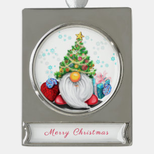 Niedlicher Gnome mit Geschenk Weihnachtsdekoration Banner-Ornament Silber