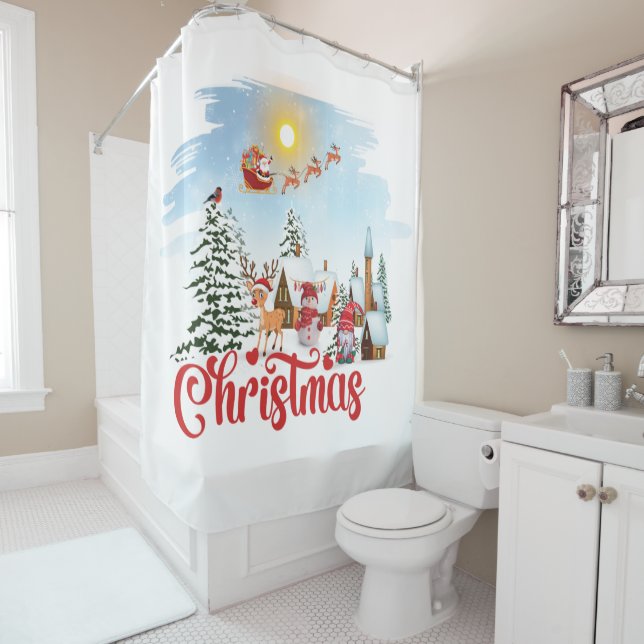 Niedlicher Gnome, Snowman feiert Weihnachtsfeierta Duschvorhang (Beispiel)