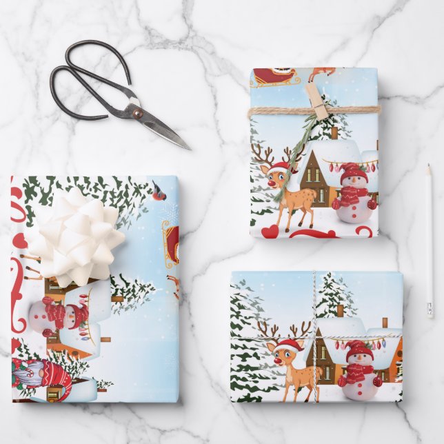 Niedlicher Gnome, Snowman feiert Weihnachtsfeierta Geschenkpapier Set (Vorderseite)