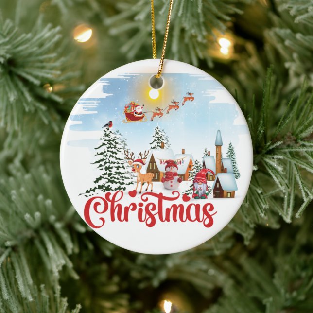 Niedlicher Gnome, Snowman feiert Weihnachtsfeierta Keramik Ornament (Baum)