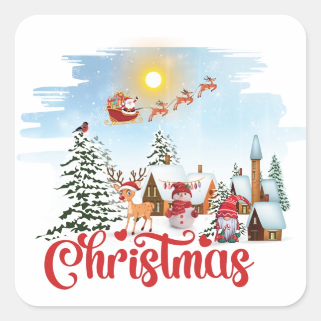 Niedlicher Gnome, Snowman feiert Weihnachtsfeierta Quadratischer Aufkleber (Vorderseite)