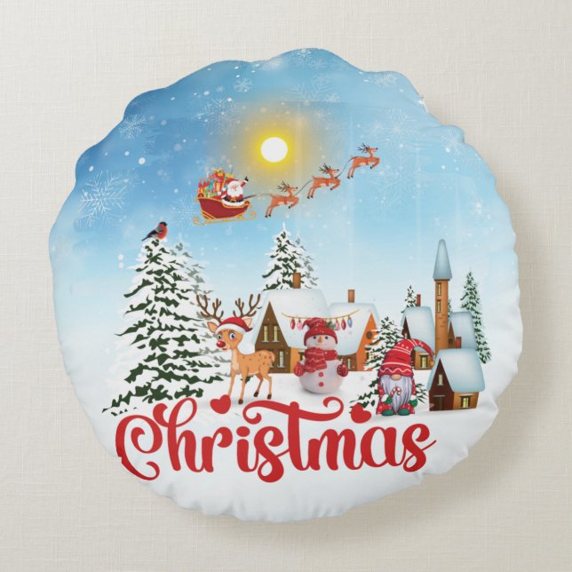 Niedlicher Gnome, Snowman feiert Weihnachtsfeierta Rundes Kissen (Rückseite)