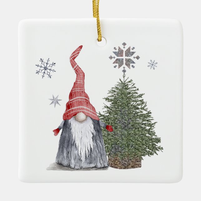 Niedlicher Gnome Weihnachtsbaum Name Happy Holiday Keramikornament (Vorderseite)