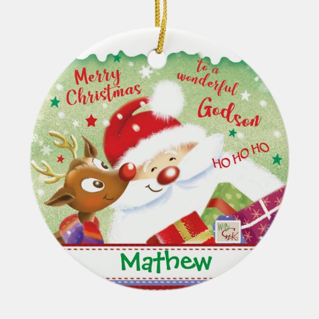 Niedlicher Godson, Santa, Deer & Prestige, Weihnac Keramik Ornament (Vorne)