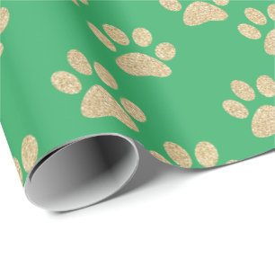 Niedlicher Gold Glitzer Paw Prints Begleiter Grün Geschenkpapier