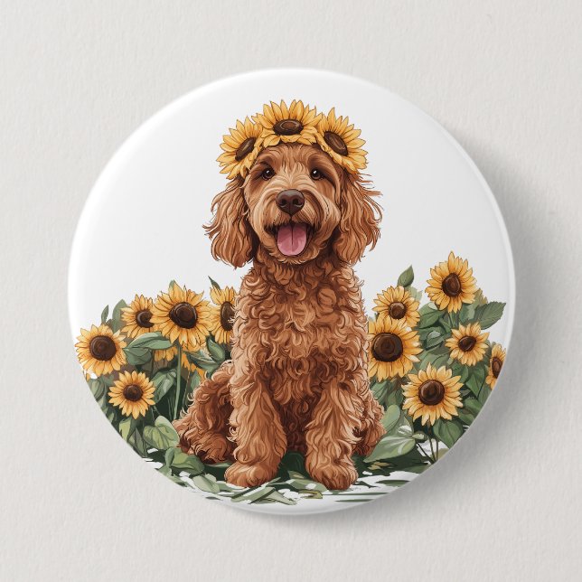 Niedlicher Goldendoodle-Hund mit einer Sonnenblume Button (Vorderseite)