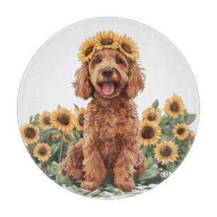 Niedlicher Goldendoodle-Hund mit einer Sonnenblume Schneidebrett