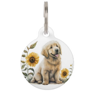 Niedlicher Goldener Retriever mit Sonnenblumen Haustiermarke