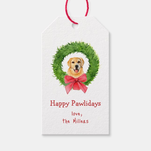Niedlicher Goldener Retriever und Weihnachtskranz Geschenkanhänger (Vorderseite)
