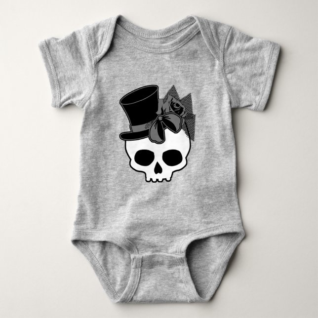 Niedlicher Goth-Skull mit Top-Hat-Rose Baby Strampler (Vorderseite)