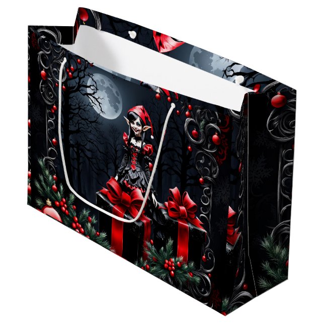 Niedlicher gotischer Weihnachtself. Große Geschenktüte (Vorderseite Schrägansicht)