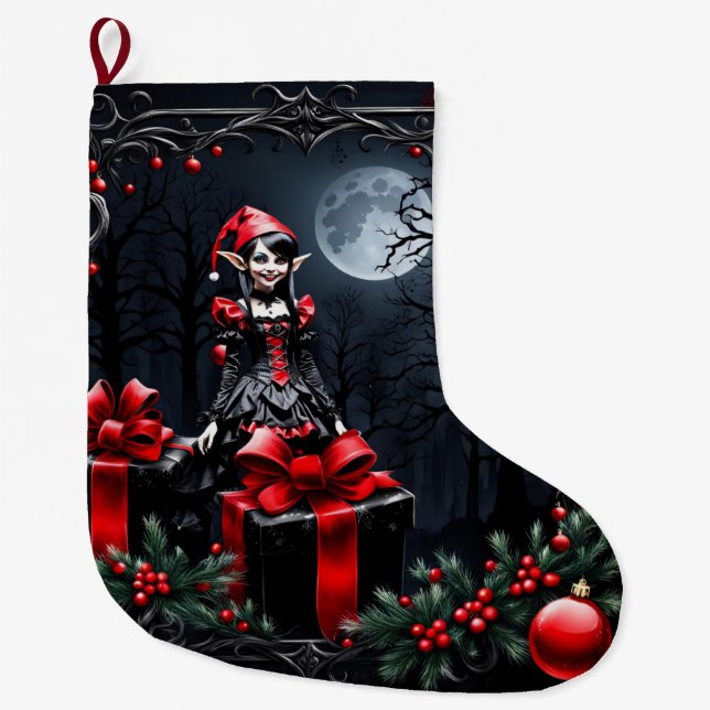 Niedlicher gotischer Weihnachtself. Großer Weihnachtsstrumpf (Vorderseite)
