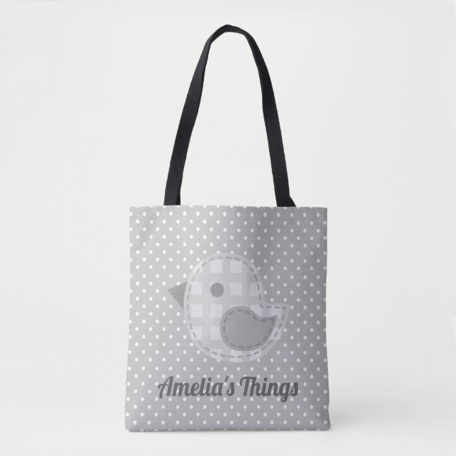 Niedlicher grauer Baby Bird und Polka Dot Personal Tasche (Vorderseite)