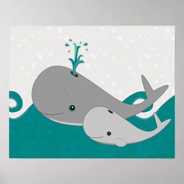Niedlicher Grauer Baby Whale auf dem Waves Cartoon Poster (Vorne)