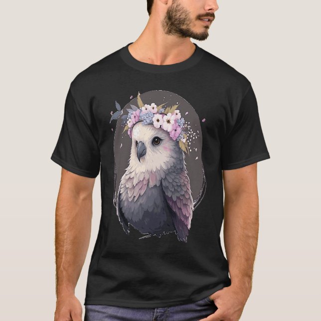 Niedlicher grauer Budgie Parakeet Bird Blume Crown T-Shirt (Vorderseite)