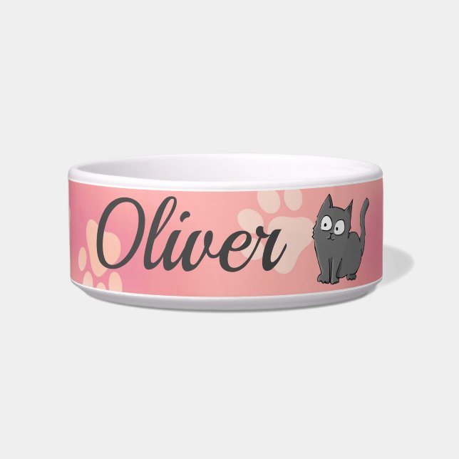 Niedlicher grauer Cartoon Kitten auf rosa Pawprint Napf (Vorderseite)