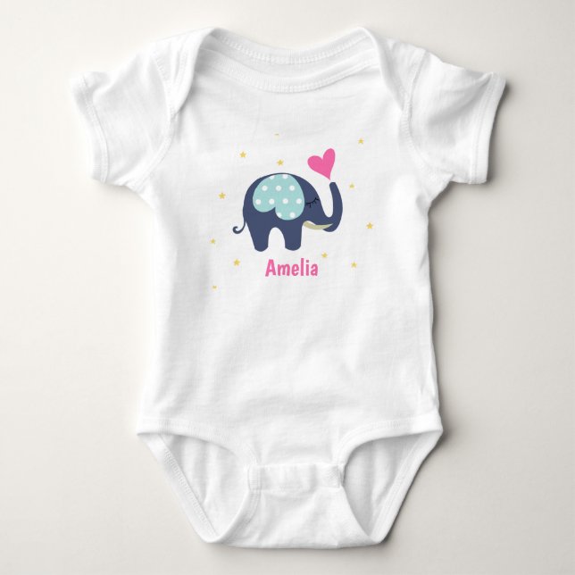 Niedlicher grauer Elefant und rosa Herz Personalis Baby Strampler (Vorderseite)