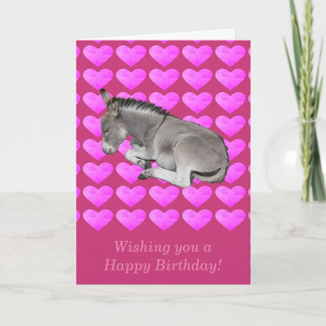 Niedlicher grauer Esel auf rosa Herzen Geburtstag Karte (Vorderseite)