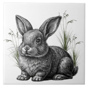 Niedlicher grauer Hase zwischen Gras Fliese