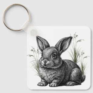 Niedlicher grauer Hase zwischen Gras Schlüsselanhänger